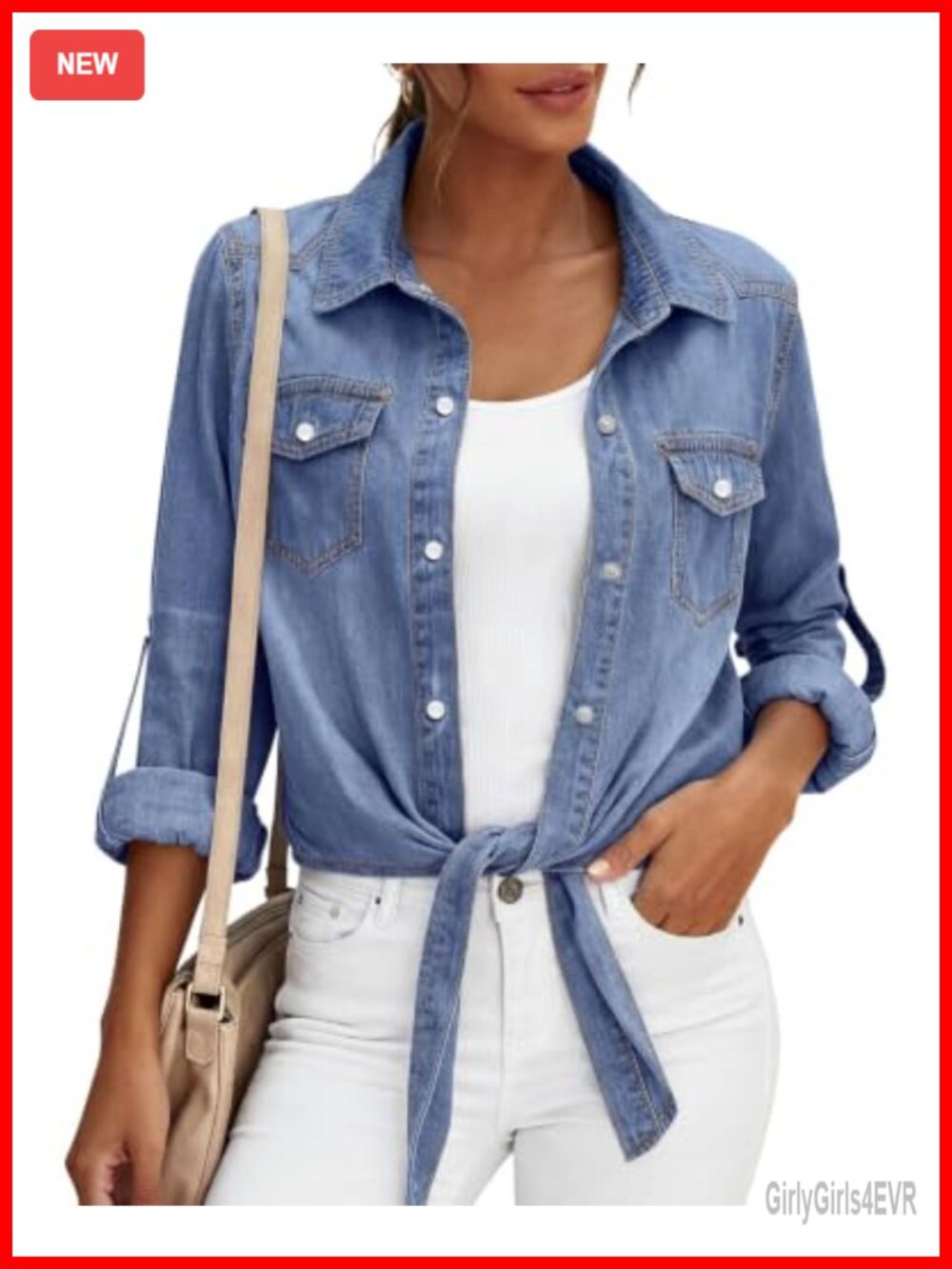 Womens Denim Button Down Shirt Long Sleeve Tie Knot Crop Cardigan Top